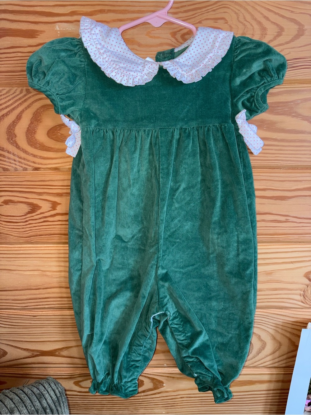 Classic Green Velvet Baby Romper with White Peter Pan Collar